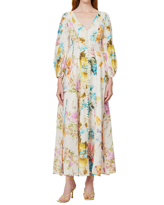 Zimmermann White Floral Print Linen Maxi Dress 3/4 Sleeves
