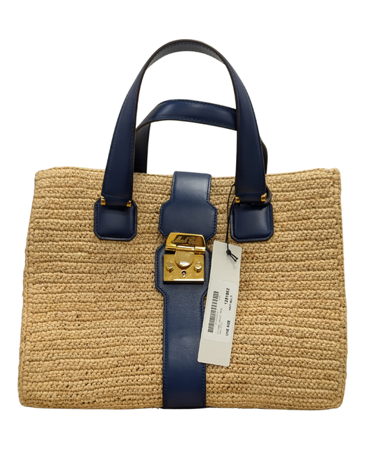 Mark Cross Riviera Raffia Basket Bag With Blue Leather