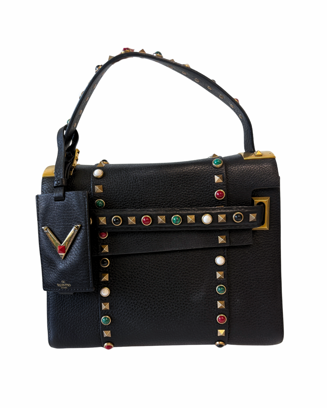 Valentino Rockstud Black Pebble Leather Handbag Multicoloured Stones