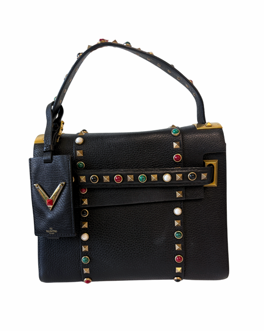 Valentino Rockstud Black Pebble Leather Handbag Multicoloured Stones