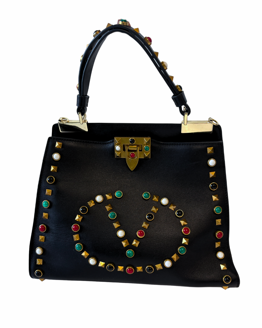 Valentino Rockstud Black Smooth Leather Handbag Multicoloured Stones