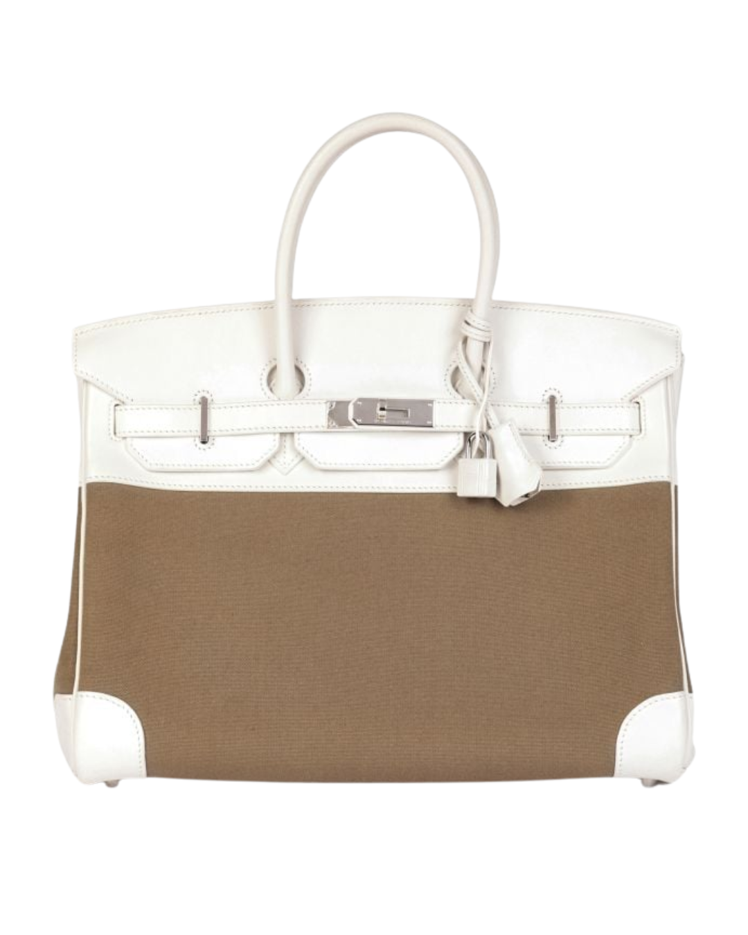 Hermès White Swift Leather & Olive Toile Canvas Birkin 35cm Retourne