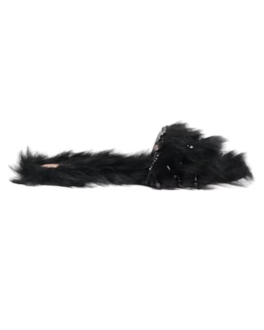 Alberta Ferretti Black Fur And Crystal Embellished Slides