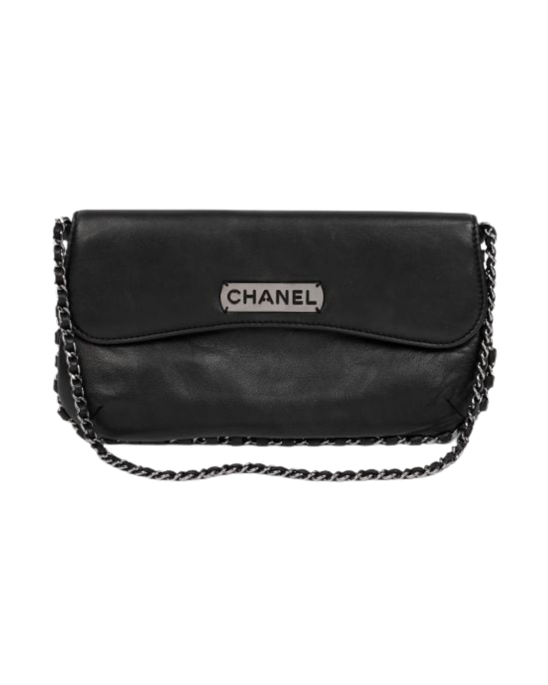 Chanel Black Lambskin Leather Chain Around Logo Pochette