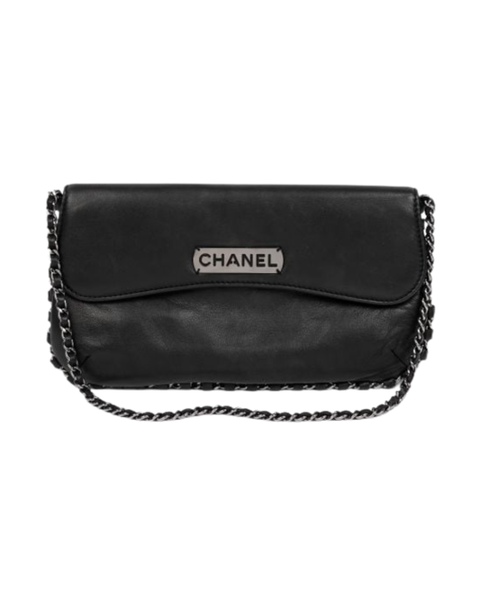 Chanel Black Lambskin Leather Chain Around Logo Pochette