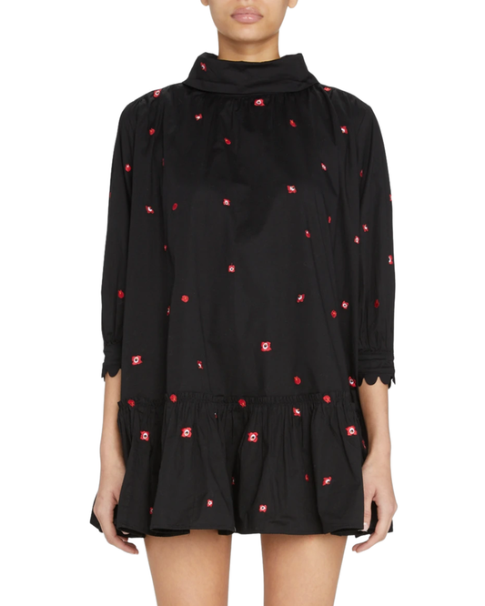 Agua Bendita Black Hibisco Embroidered Mini Dress