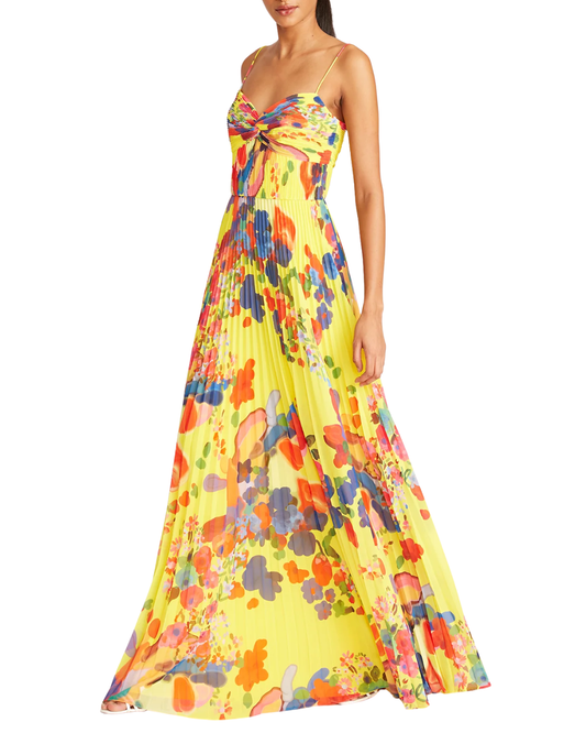 Amur Dawson Pleated Gown In Yellow Brushstroke Floral
