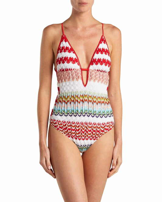 Missoni Mare Zig Zag Red and White Crochet Swimsuit