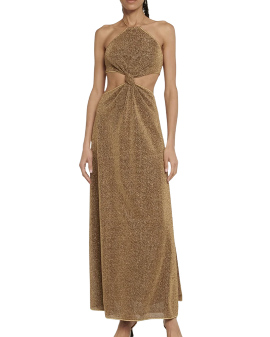 Oseree Gold Glitter Halterneck Cut Out Maxi Dress