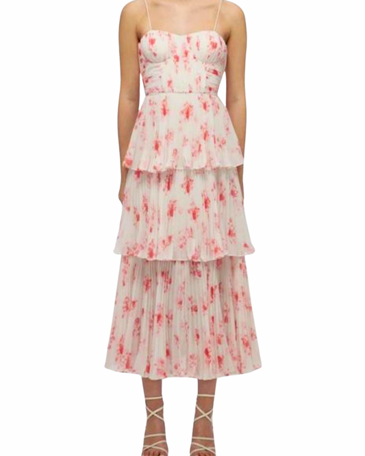 Self-Portrait Pink Chiffon Tiered Midi Dress