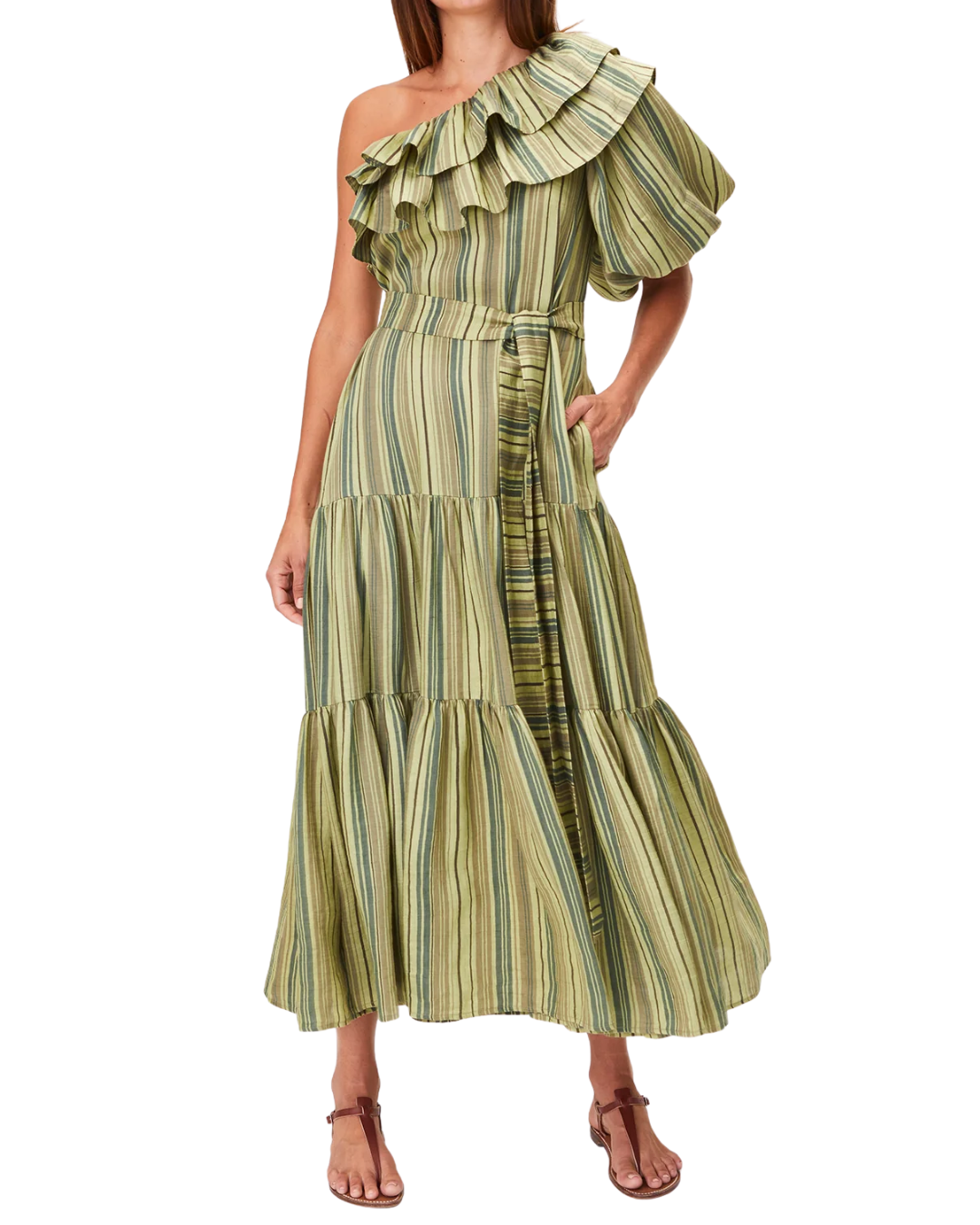 Lisa Marie Fernandez Green Striped Linen Arden Dress