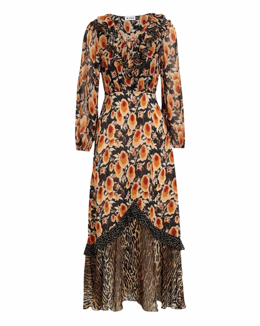 Rixo Brown Floral Long Sleeve Maxi Dress