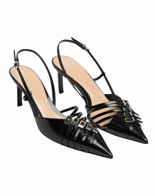 Gucci Black Slingback Heel Pumps With Silver Buckles