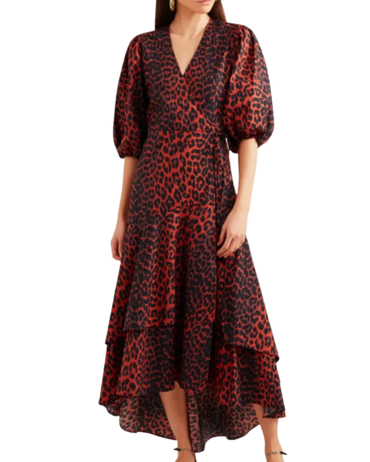 Ganni Red Leopard Wrap Midi Dress