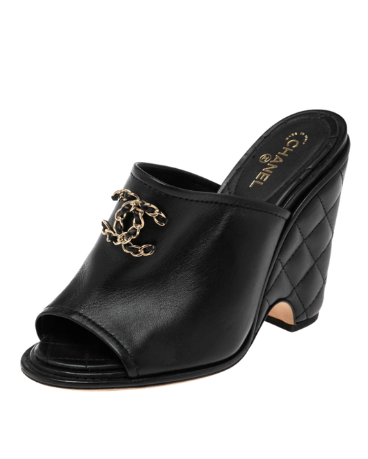Chanel Black CC Logo Lambskin Quilted Wedges