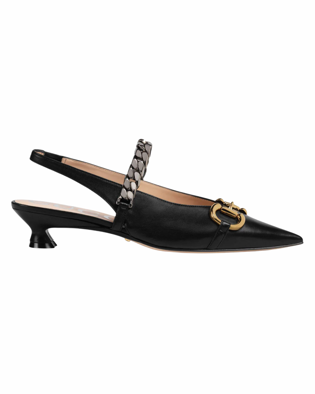 Gucci Black Pointed Kitten Heel Pumps With Horsebit and Chain