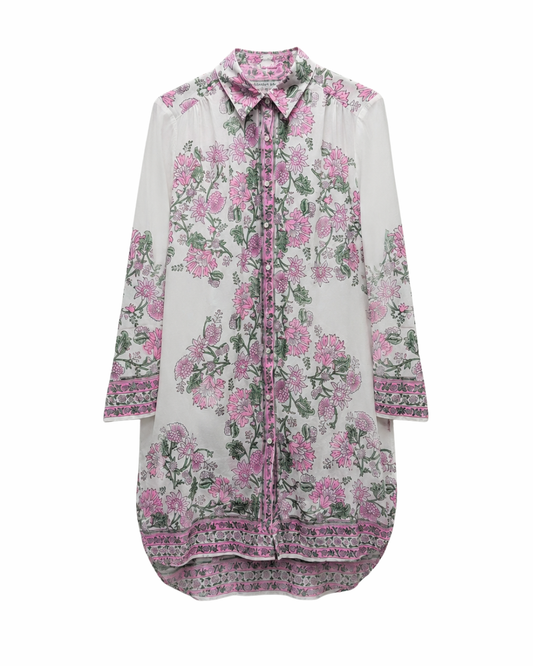 Juliet Dunn White And Pink Floral Shirt Dress