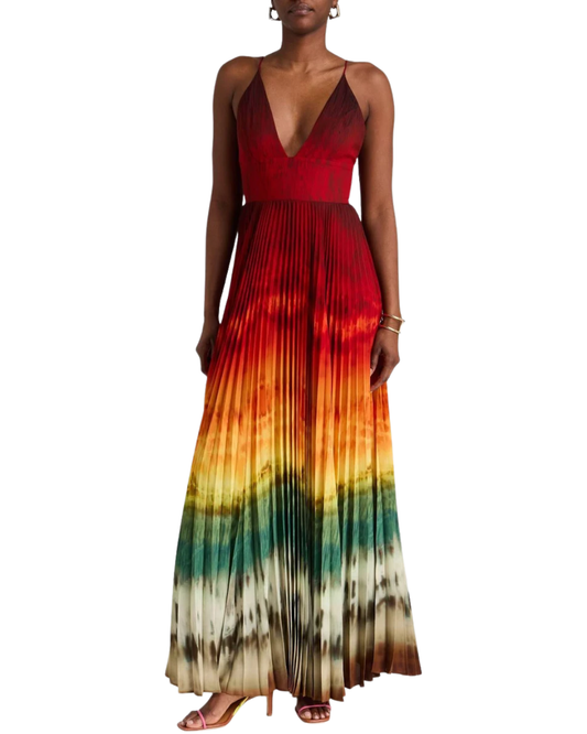 Alice + Olivia Lauren Pleated Red Yellow Green Maxi Dress