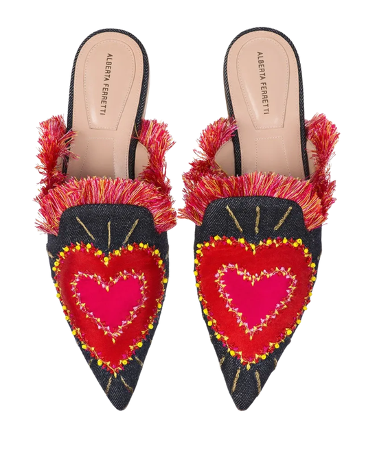 Alberta Ferretti Red Denim Loveheart Pointed Mules