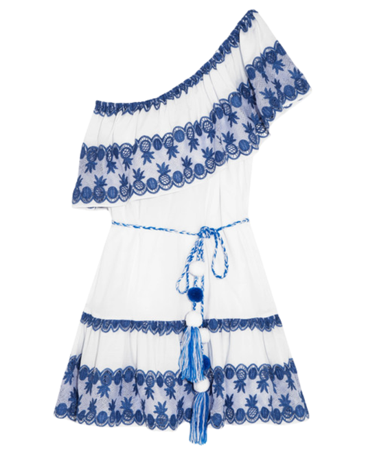 Miguelina Santorini One Shoulder White And Blue Embroidered Dress