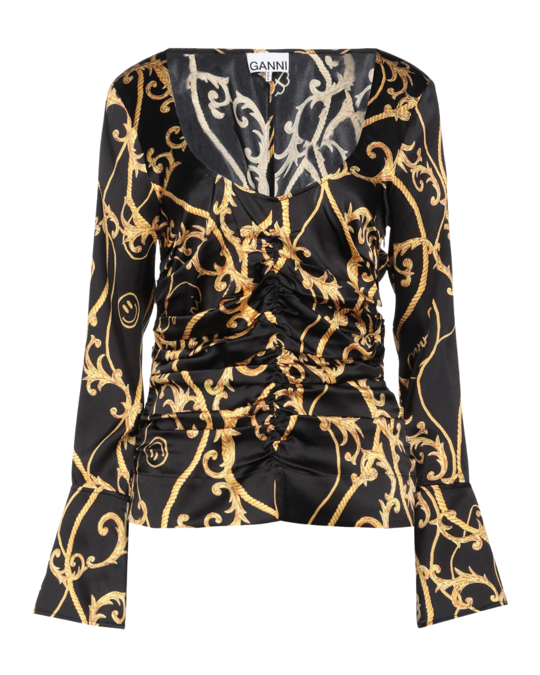 Ganni Black And Gold Chain Print Silk Blouse