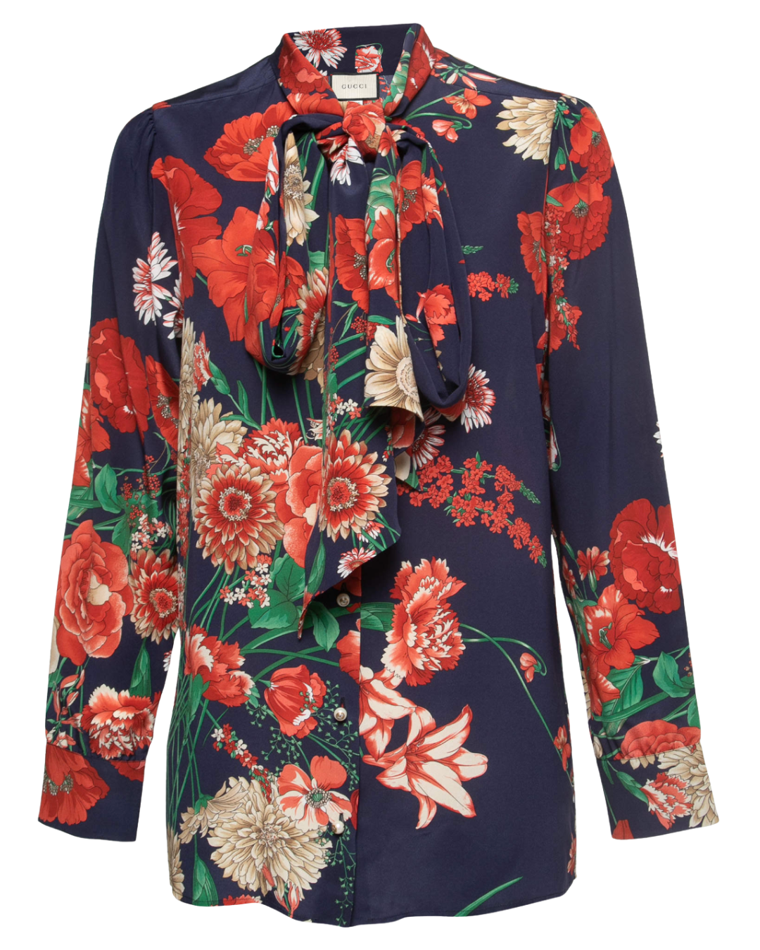 Gucci Navy Blue Floral Necktie Blouse