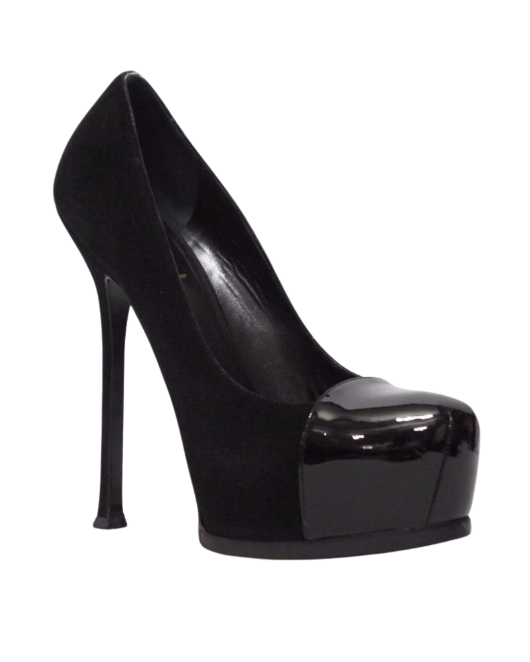 Yves Saint Laurent black tribtoo suede and patent cap toe platform heels
