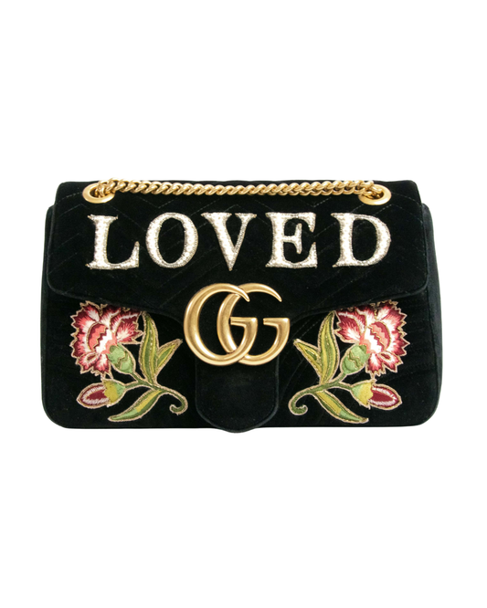 Gucci Velvet Matelassé Loved Embroidered Medium GG Marmont Shoulder Bag