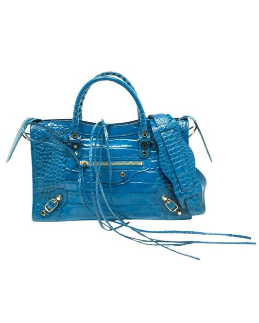 Balenciaga Turquoise Blue Croc Embossed Leather Bag