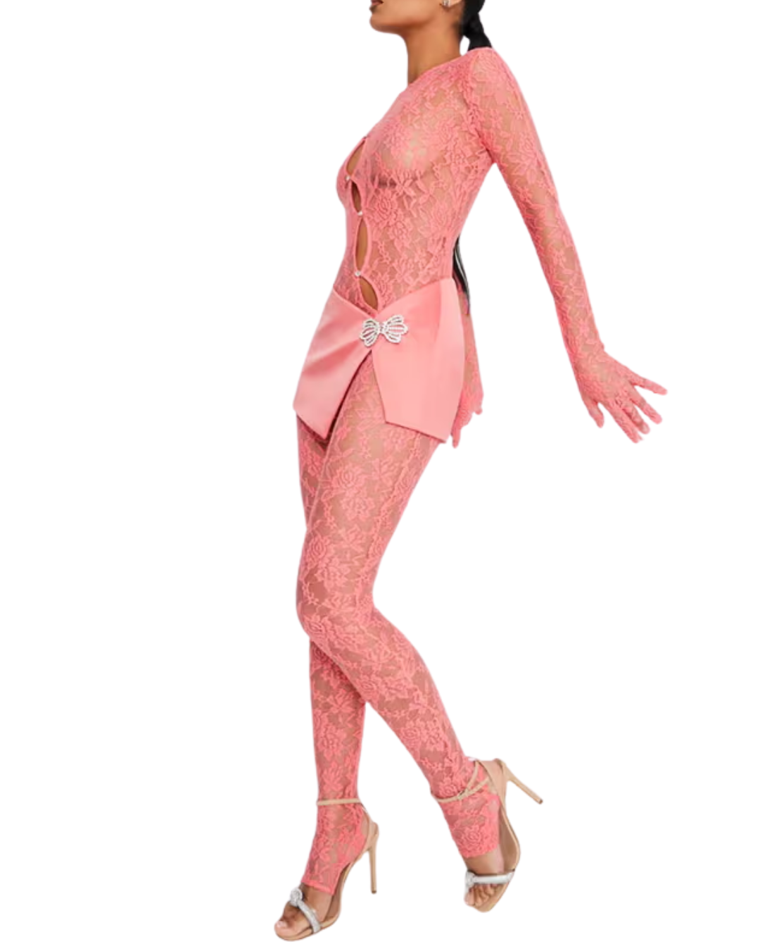 Brielle Coral Pink Lace Jumpsuit And Skirt Set