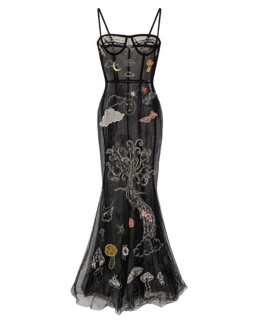 Silvia Astore Lace Tulle Black Aplique Dress