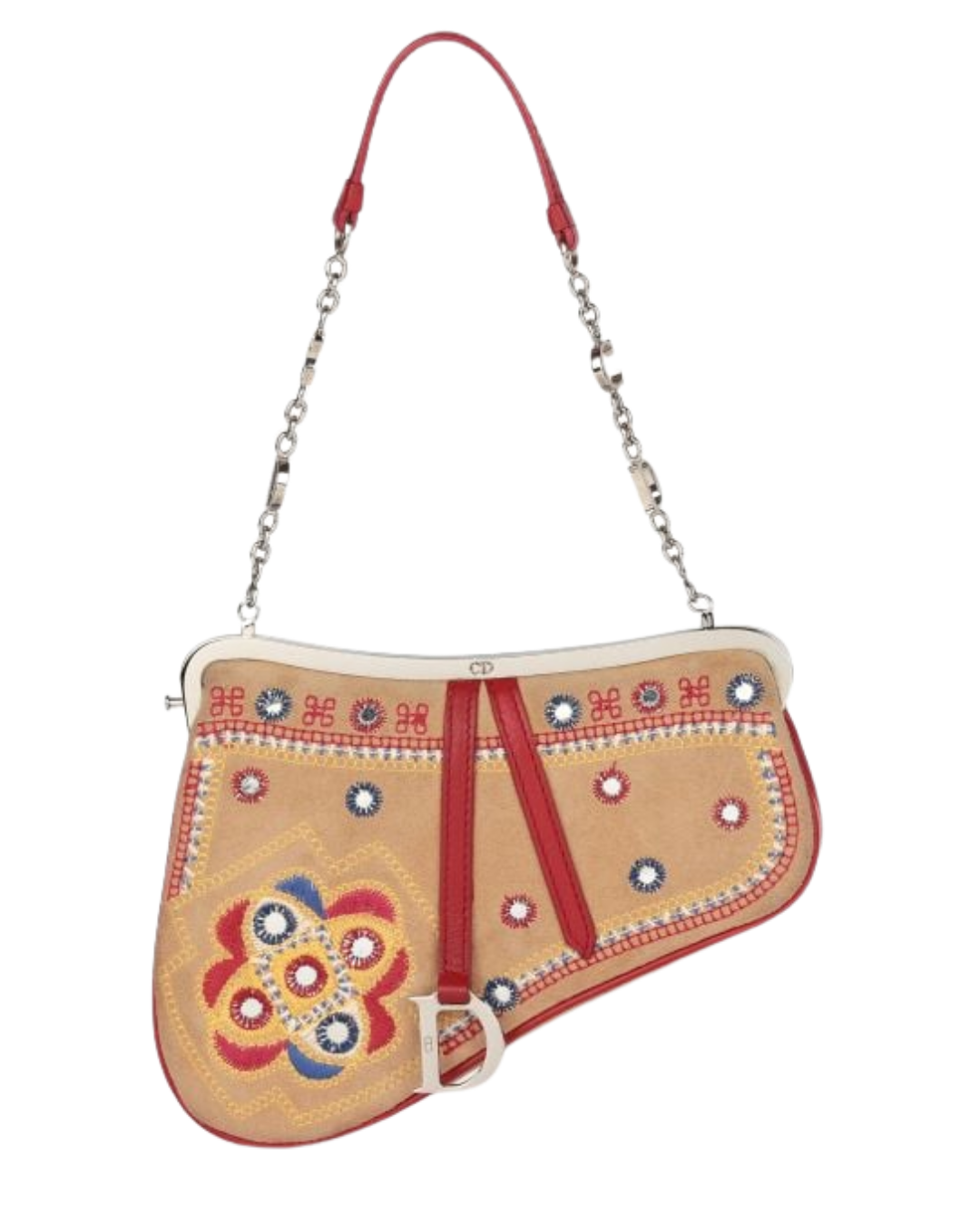Christian Dior Multicolour Embroidered & Embellished Suede & Red Calfskin Leather Vintage Mini Saddle Bag