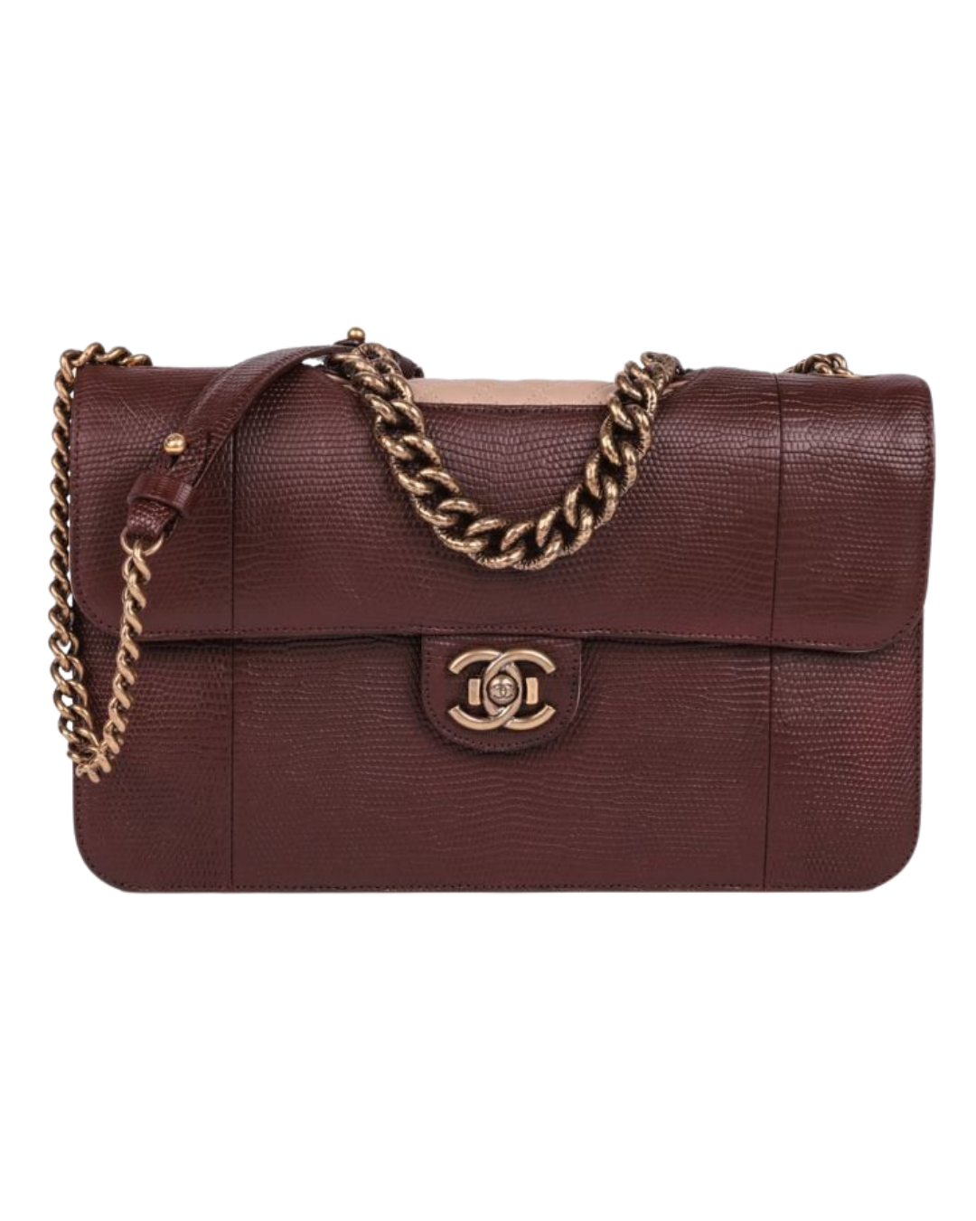 Chanel Burgundy Lizard Leather & Dusky Pink Quilted Lambskin Large Perfect Edge Classic Single Flap Bag