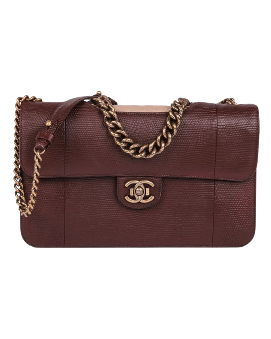 Chanel Burgundy Lizard Leather & Dusky Pink Quilted Lambskin Large Perfect Edge Classic Single Flap Bag