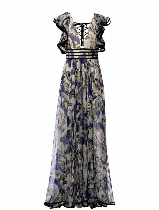 Roberto Cavalli Blue Floral Silk Maxi Dress