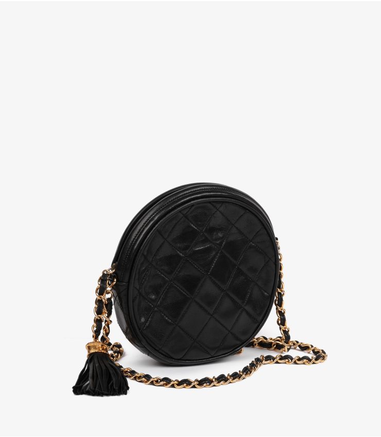 Chanel Black Quilted Lambskin Leather Vintage Mini Round Timeless Fringe Shoulder Bag