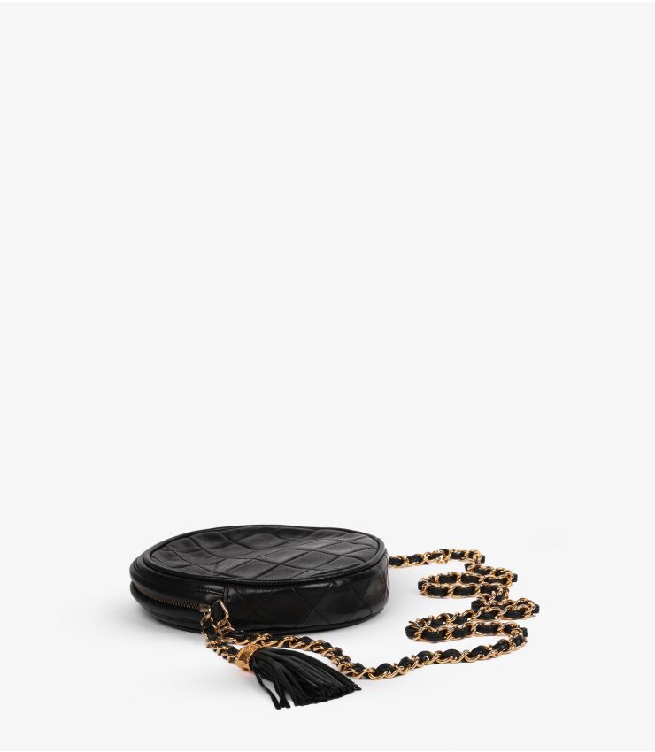 Chanel Black Quilted Lambskin Leather Vintage Mini Round Timeless Fringe Shoulder Bag