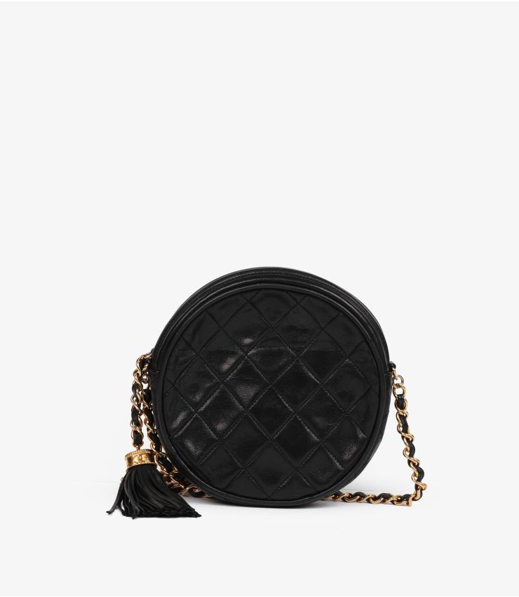 Chanel Black Quilted Lambskin Leather Vintage Mini Round Timeless Fringe Shoulder Bag