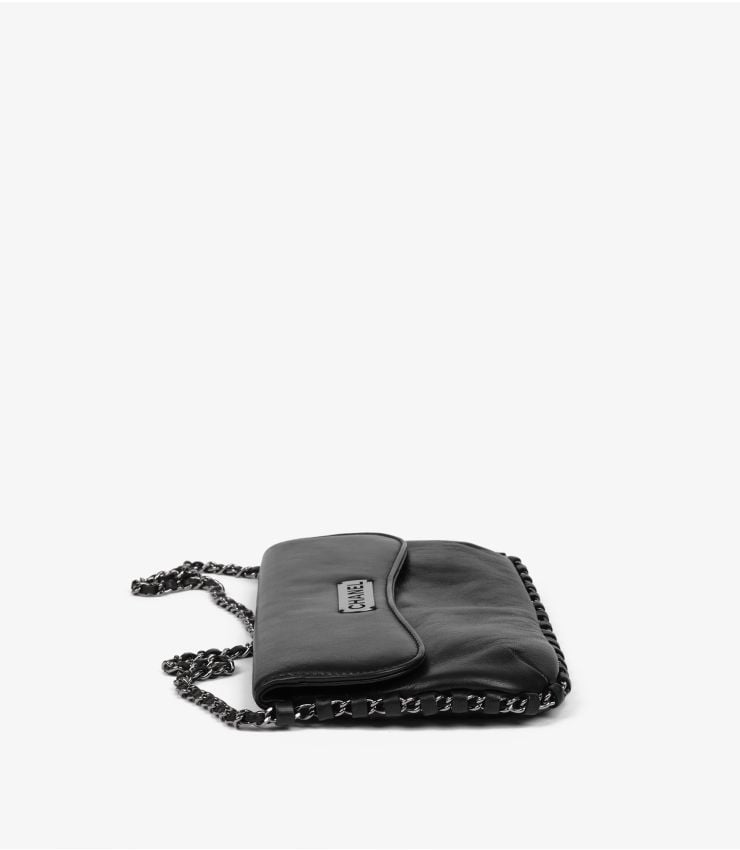 Chanel Black Lambskin Leather Chain Around Logo Pochette