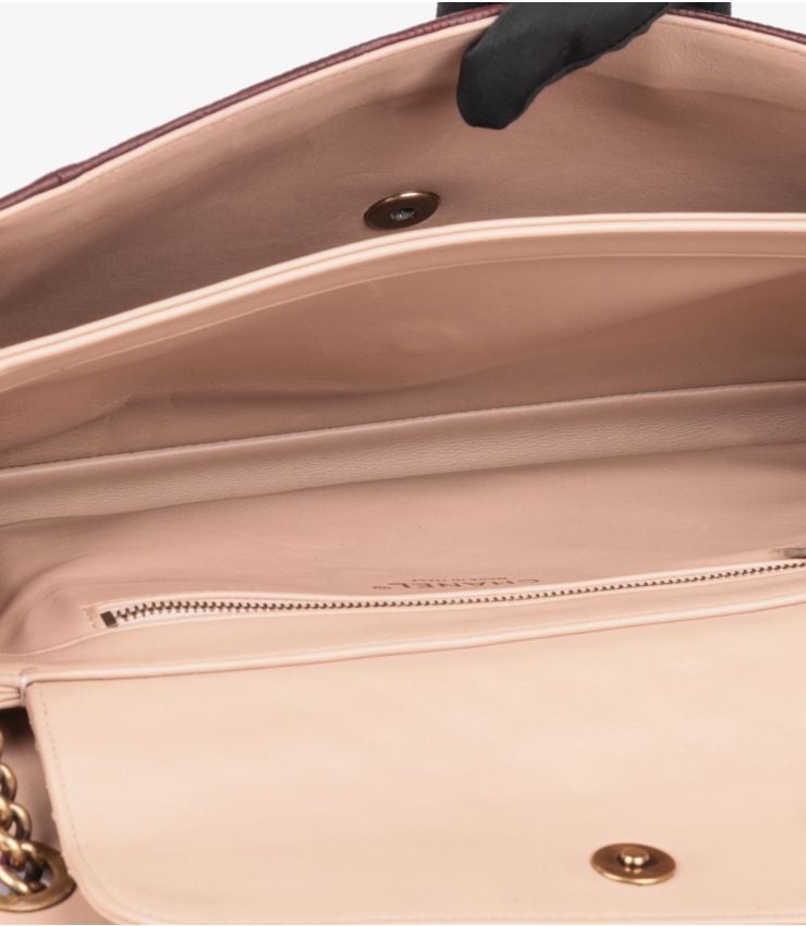 Chanel Burgundy Lizard Leather & Dusky Pink Quilted Lambskin Large Perfect Edge Classic Single Flap Bag