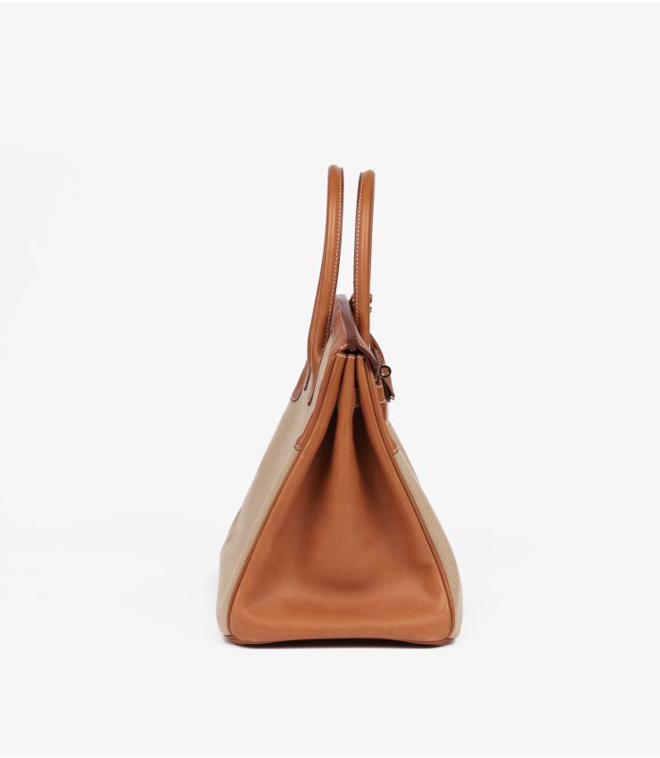 Hermes Fauve Barenia Leather, Natural & Orange Toile Canvas Flag Birkin 35cm Retourne