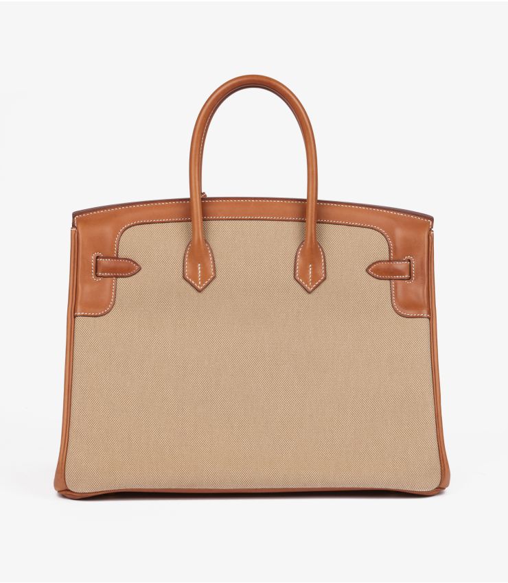 Hermes Fauve Barenia Leather, Natural & Orange Toile Canvas Flag Birkin 35cm Retourne