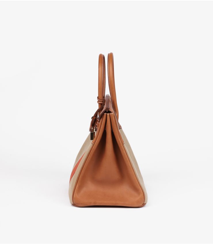 Hermes Fauve Barenia Leather, Natural & Orange Toile Canvas Flag Birkin 35cm Retourne