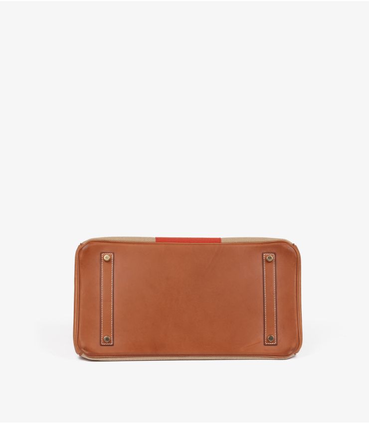 Hermes Fauve Barenia Leather, Natural & Orange Toile Canvas Flag Birkin 35cm Retourne