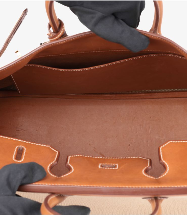 Hermes Fauve Barenia Leather, Natural & Orange Toile Canvas Flag Birkin 35cm Retourne