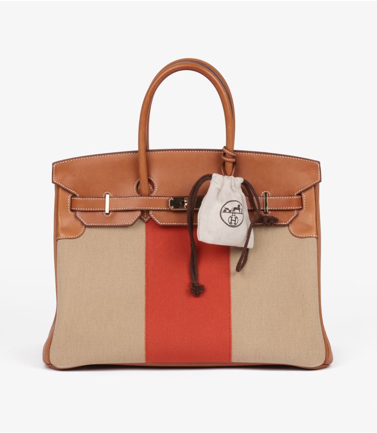 Hermes Fauve Barenia Leather, Natural & Orange Toile Canvas Flag Birkin 35cm Retourne