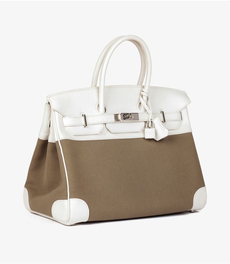 Hermès White Swift Leather & Olive Toile Canvas Birkin 35cm Retourne