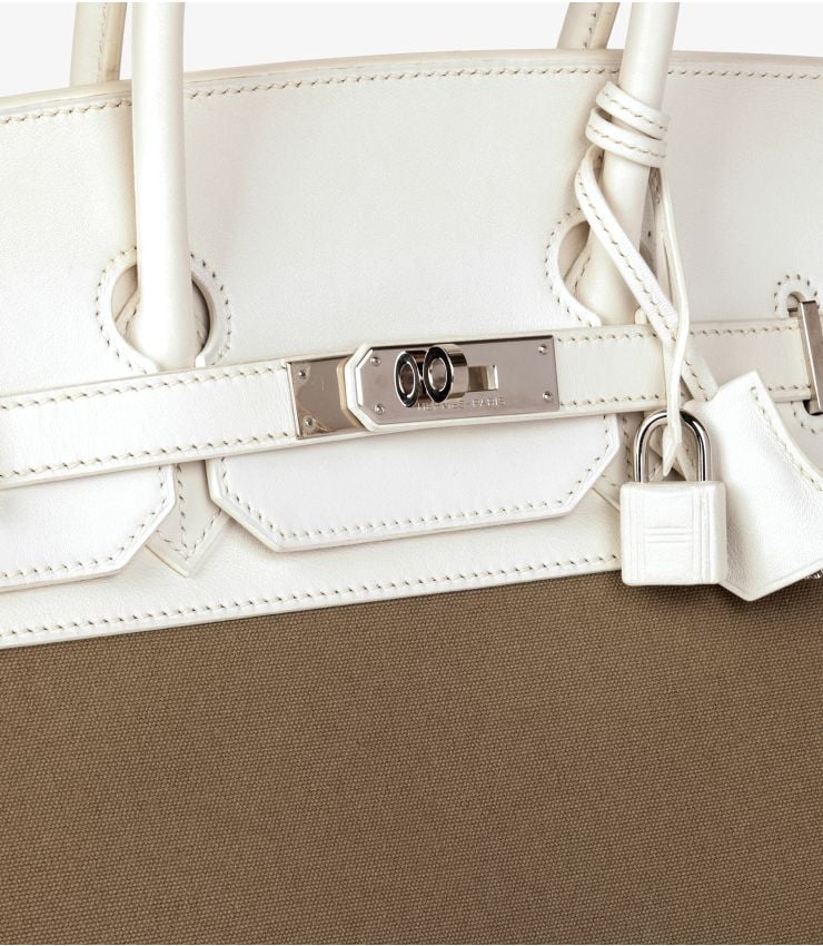 Hermès White Swift Leather & Olive Toile Canvas Birkin 35cm Retourne