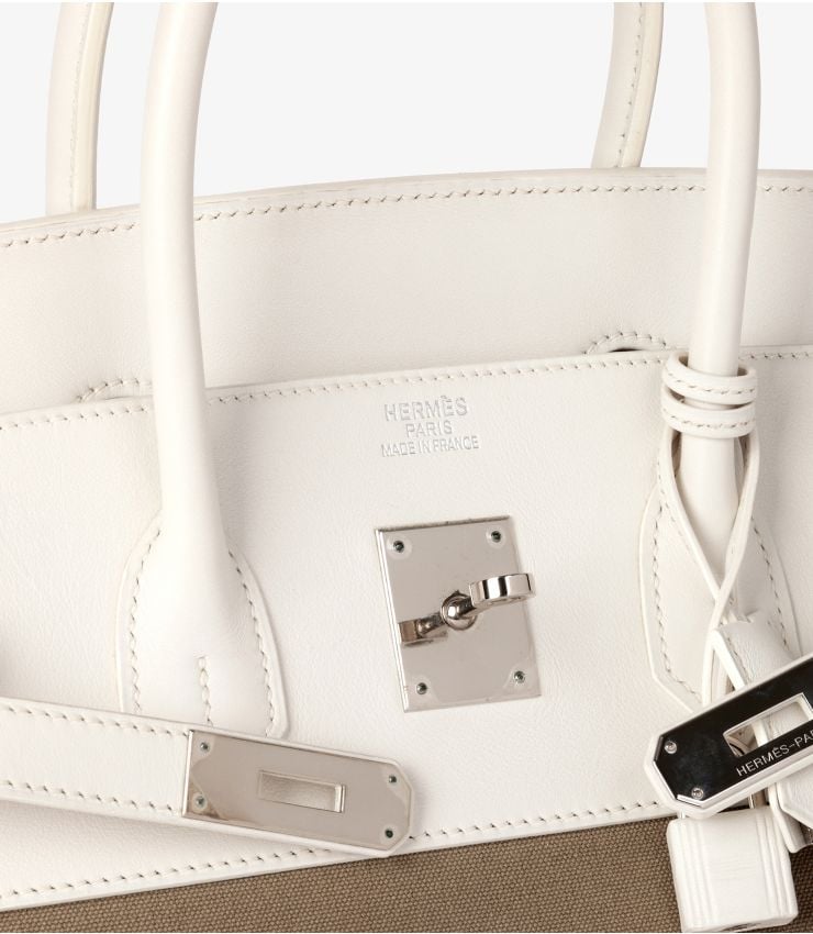 Hermès White Swift Leather & Olive Toile Canvas Birkin 35cm Retourne